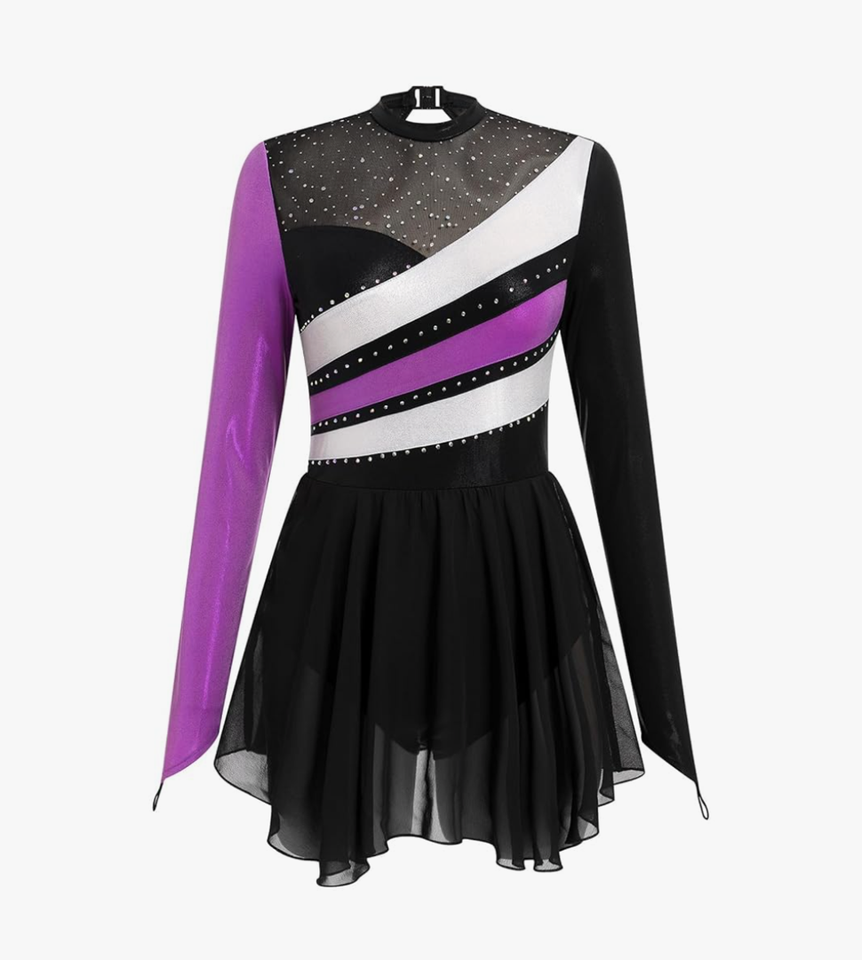 Ice Skating Dress for Women Long Sleeve Figure Skating Costume Rhythmic Gymnastics Leotard Sparkly Chiffon Skirt, S