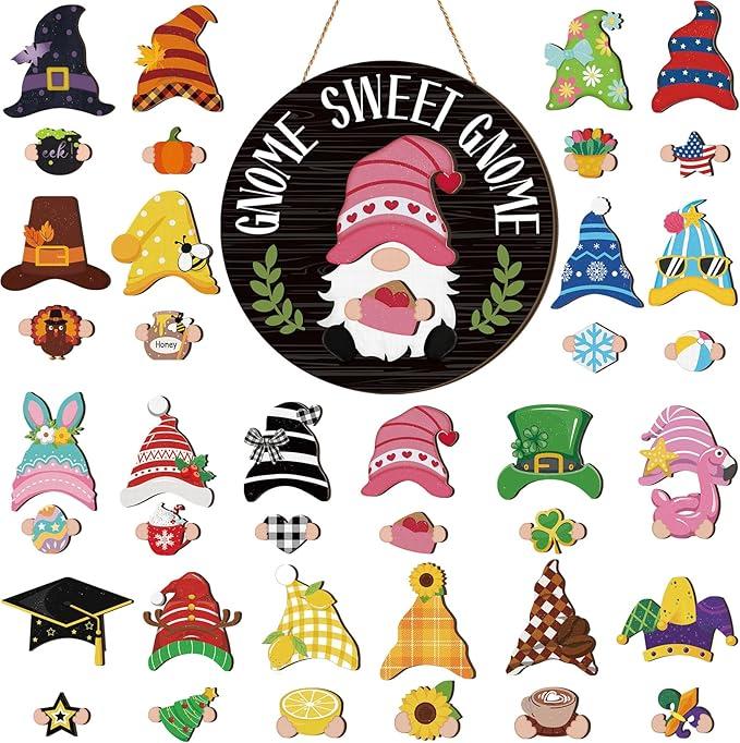 Wenqik 41 Pcs Interchangeable Sweet Gnome Signs Holiday Wooden Seasonal Gnome Decor Detachable Magnet Hat and Hand Welcome Sign for Home Decoration(Classical, Black)