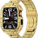 MOFREE Stainless Steel Watch Band with Case Compatible for Apple Watch 45mm Series 9/8/7 for Men, Rugged Strap with Metal Protective Bumper Cover for iWatch Band 45mm Gold