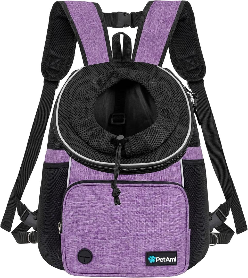 PetAmi Adjustable Cat & Dog Chest Carrier Backpack, Ventilated for Hiking & Camping, Max 15 lbs, Purple (Large (15.5x9x18)), Purple 