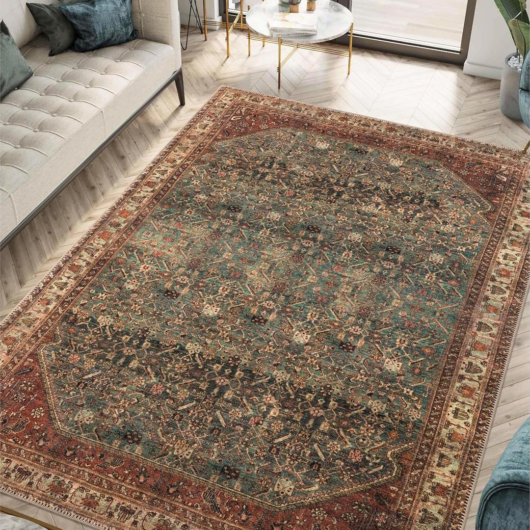 Keen Home Design 3x5 Rug - Machine Washable Entry Rug with Non-Slip Backing, Ideal for Enteryway, Kitchen, Bathroom, Laundry Room - Vintage, Easy Clean, Durable, Low Pile Rug - (3' x 5') (Green / Brown)
