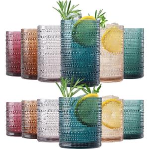 Khen Plastic Hobnail Drinking Glasses Set of 12 Neutral Tones Cups 6x 10oz Lowball & 6x 1oz Highball Acrylic Beaded Design, BPA-Free, Dishwasher Safe Indoor/Outdoor Drinkware Water, Juice, Cocktails (Multicolor)