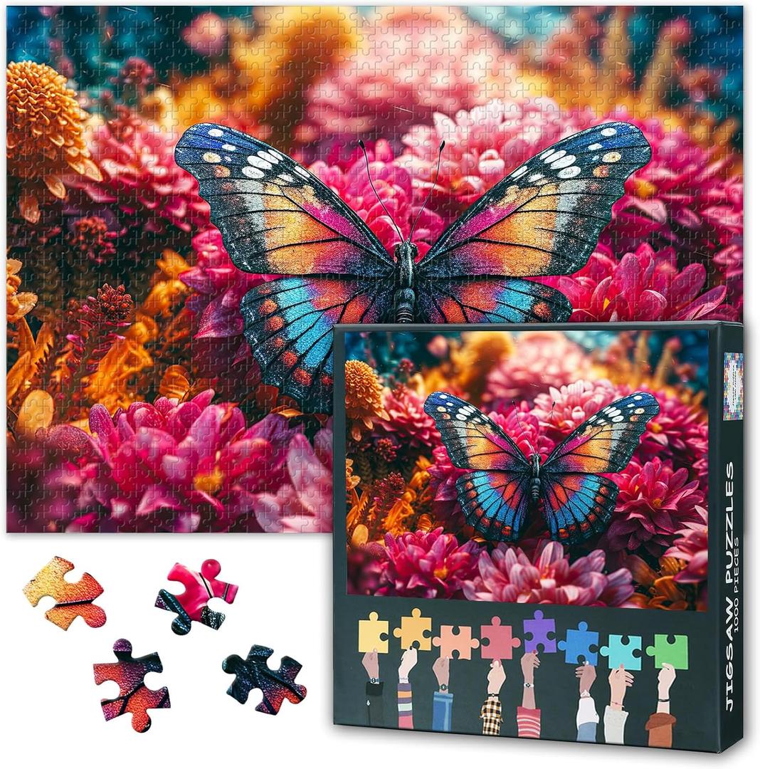 Colorful Puzzles for Adults 1000 Pieces, Butterfly and Flowers in The Garden, Impossible 1000 Piece Jigsaw Puzzles for Home Wall Decor, 19.5 x 27.5 Inch