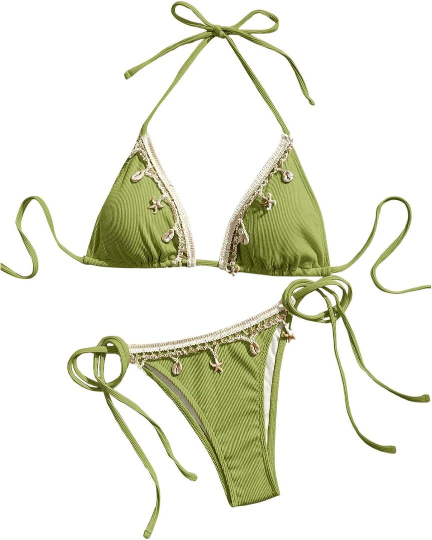 Verdusa Women's 2 Piece Sexy Halter Triangle Bikinis Thong Tie Seashell Bikini Sets Swimsuits Swim Bathing Suit (Green) M
