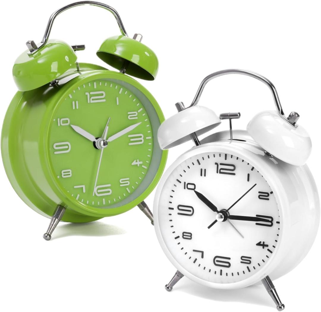 2 Pack Twin Bell Alarm Clock, Loud Retro Alarm Clock with Backlight, 4 Inch Silent Non-Ticking Analog Alarm Clocks for Heavy Sleepers, Bedroom and Home Decoration