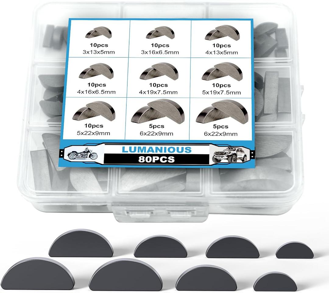 80pcs Woodruff Key Assortment Metric Set 8 Popular Sizes Carbon Steel Woodruff semicircle Key - Half Moon Key for Fasteners Mechanical Industry Crankshaft