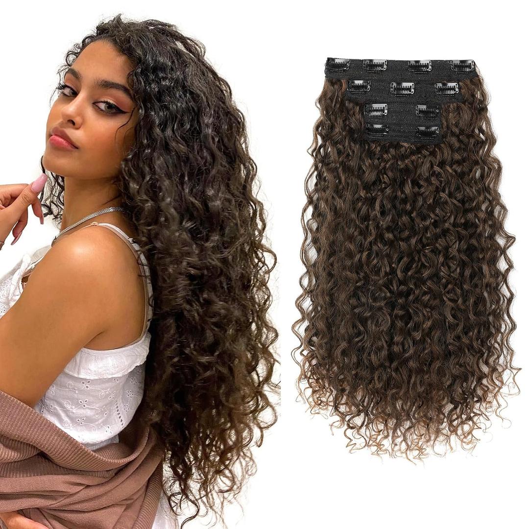 Clip in Hair Extensions, FLUFYMOOZ 4PC 100 Pure Protein Silk Hair Extensions Long Soft Natural Hairpiece 20 Inch Curly Hair Extension for Women (Dark Almond brown with copper)