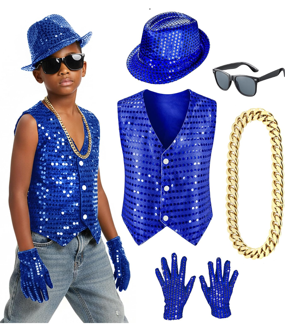 Kids Dance Hip Hop Jazz Costume Boys Sequin Vest Hat Glasses Set for Dance Party 3-12 Years