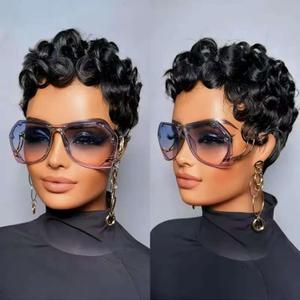 Pixie Cut Wigs for Black Women Short Layered Pixie Human Hair Wigs With Bangs Natural Black Color Glueless Short Curly Human Hair Wig Full Machine Made