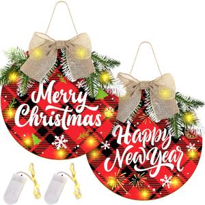 2 Sets Merry Christmas Wreaths Hanging Sign Wooden Buffalo Plaid Decorations, Welcome Wreath Sign for Front Door with Light for Farmhouse Porch and Kitchen Happy New Years Decorations (Red)