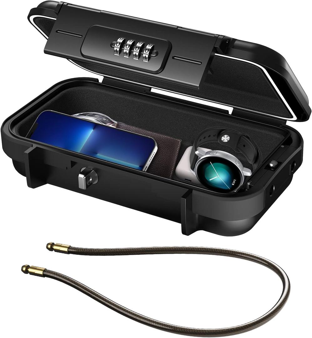 ORIA Portable Safe Box, Portable Security Case for Travel, 4-digit Combination Key Lock Box for Beach, Smartphones, Passports, Credit Cards Safe for Car, Home (Black)