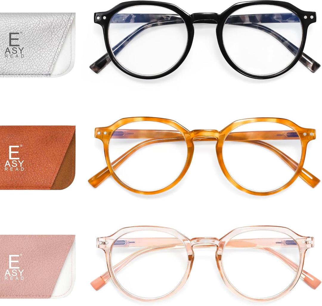 EASY READ 3 Pairs Round Reading Glasses for Women,Colorful Computer Blue Light Blocking Readers for Women with Spring Hinge (Black/Light Tortoise/Brown)