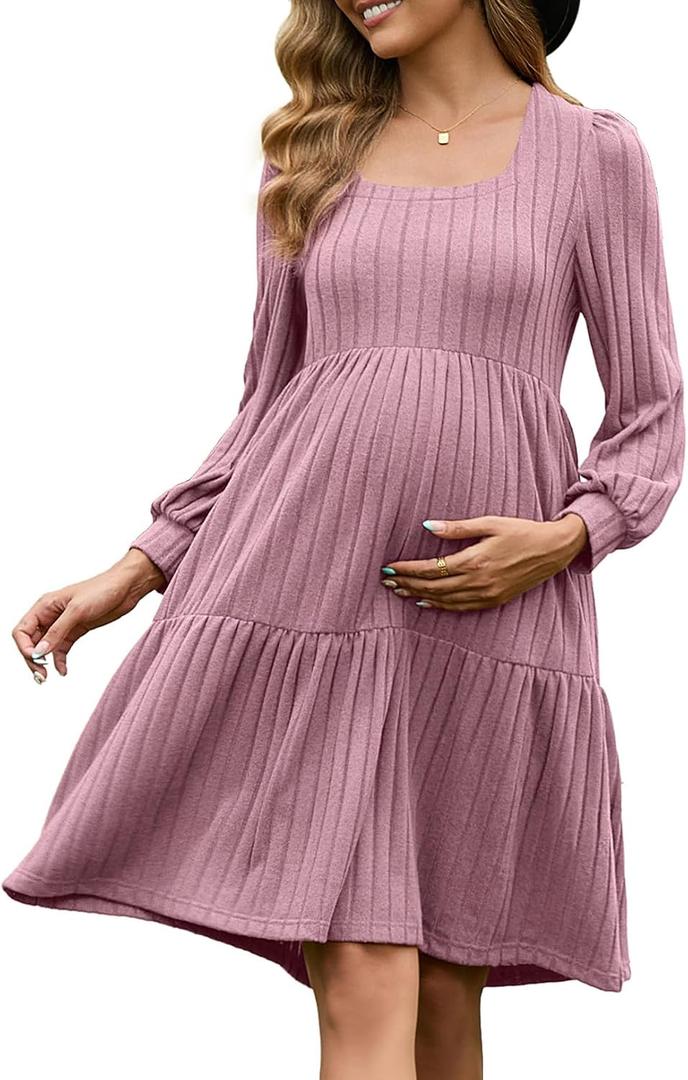 GINKANA Womens Maternity Sweater Dress for Winter Long Sleeve Elegant Babydoll Dresses Flowy Fashion for Photo, Pink, M