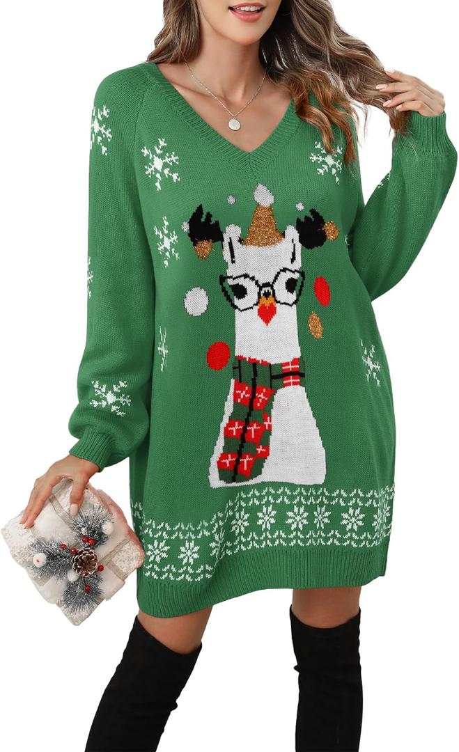 Women's Ugly Christmas V Neck Oversize Sweater Dress Long Sleeve Loose Holiday Knit Xmas Mini Dress. (Medium, Green)