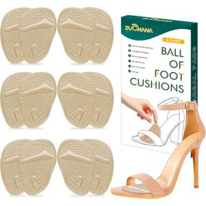 ZUCNANA Ball of Foot Cushions (Beige) | Metatarsal Pads for Women (6 Pairs Foot Pads) | Reusable Shoe Inserts for Pain Relief | Non-Slip Heel Cushion Inserts Best for Neuroma and Callus