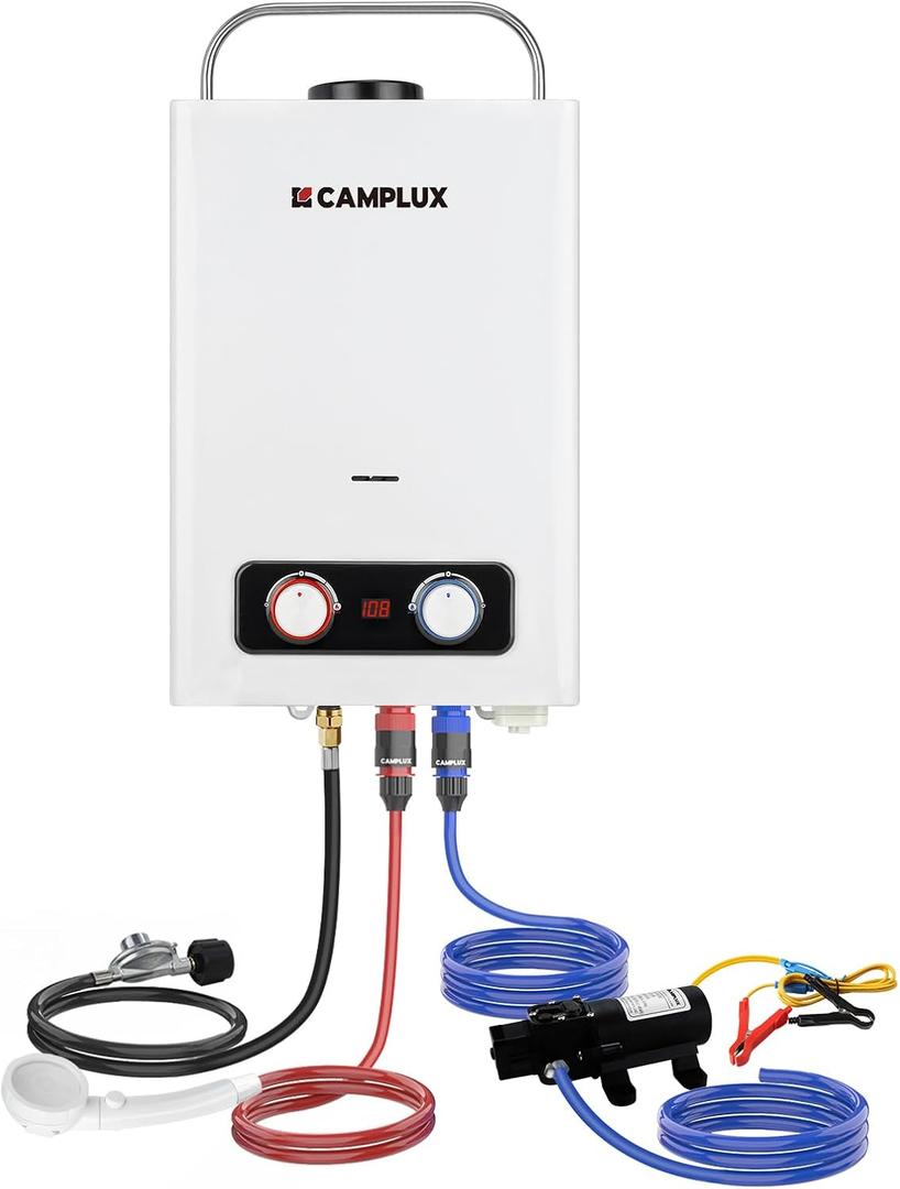 CAMPLUX 1.58 GPM Portable Tankless Water Heater with Water Pump Kit, Propane Water Heater Outdoor with 1.2 GPM Pump, 41,000 BTU, BD158P43