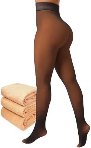 Amzshe Fleece Lined Tights for Women, Winter Fake Translucent Warm Pantyhose L
