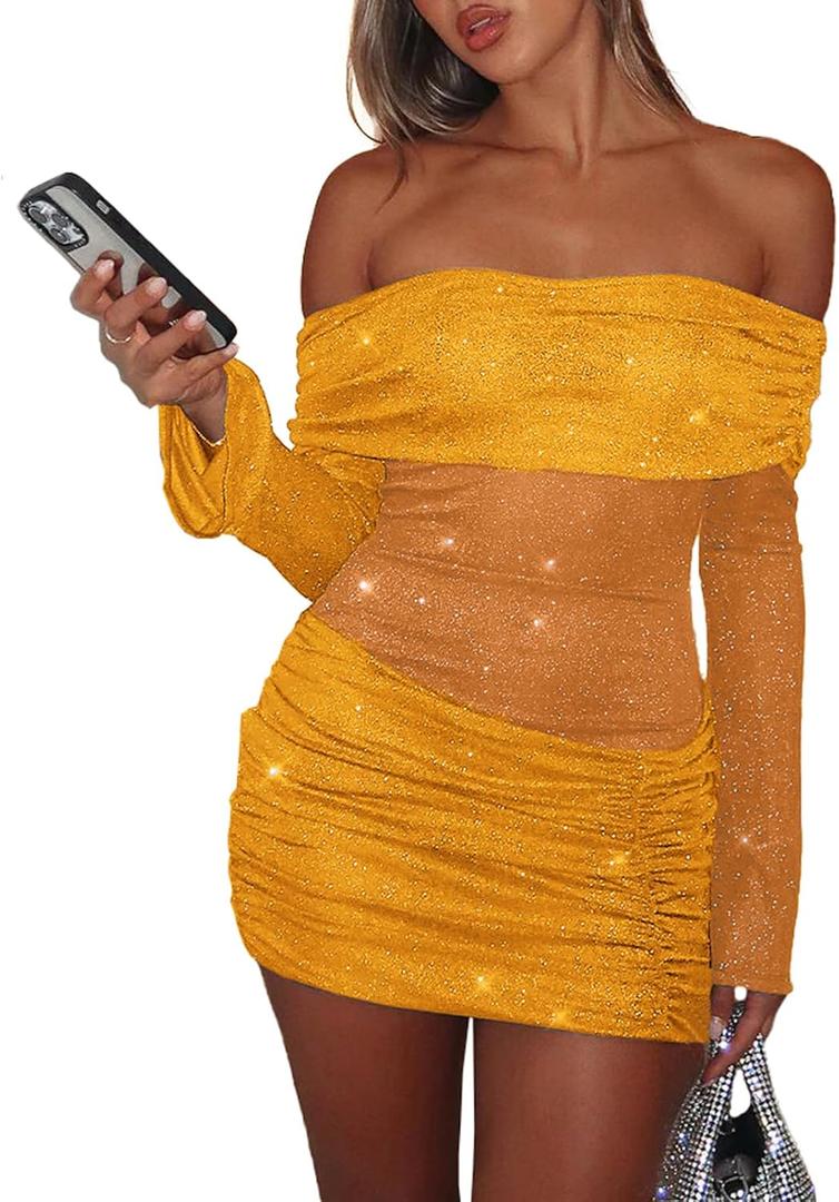 Womens Sexy Off Shoulder Bodycon Mini Dress Mesh Ruched Y2K Club Dresses | Flared Long Sleeve, Sexy Party Night Going Out Birthday Dresses, Sparkly, Stretchy (Yellow, XL)