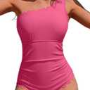 Charmo One Shoulder One Piece Swimsuit Women Ribbed Scalloped Bathing Suit Cutout Slimming Full Coverage Swim Suit 2026 (Pink, XL)