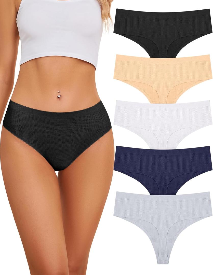 voenxe Seamless Women Underwear Thongs, High Waisted Cut No Show Ladies Panties, Breathable Comfortable Brief, Invisible Woman Hi Rise No Panty Line Underpant Undies, 5-Pack Basics, M