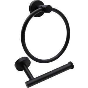 2pcs Matte Black Toilet Paper Holder and Towel Ring Set, Stainless Steel Hand Towel Holder and Towel Hanger with Hardware Pack