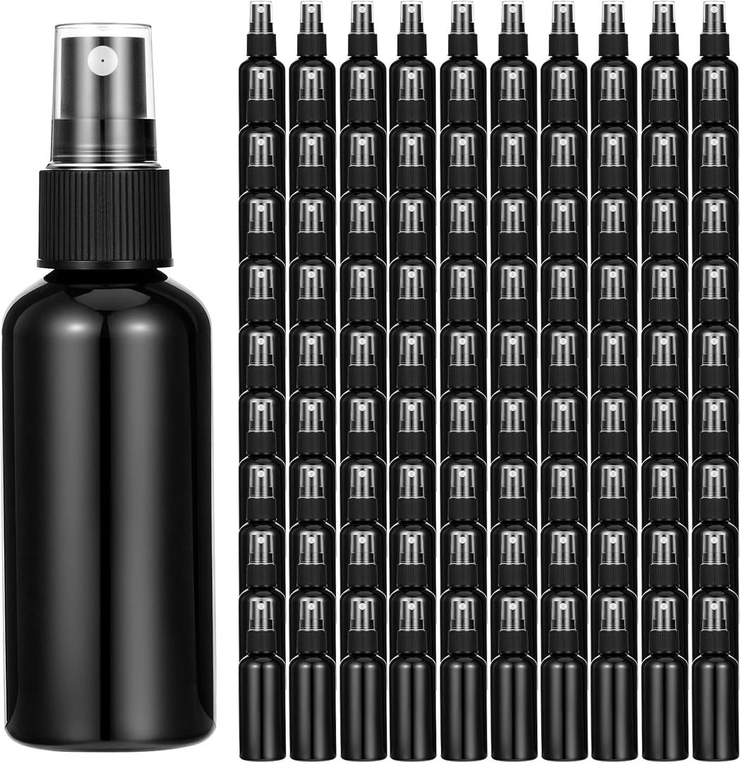 100 Pcs 2oz Black Spray Bottles, Fine Mist Refillable Travel Size Plastic Spritzers - Leak Proof Mini Mister for Cleaning, Hair, Essential Oils & Perfume