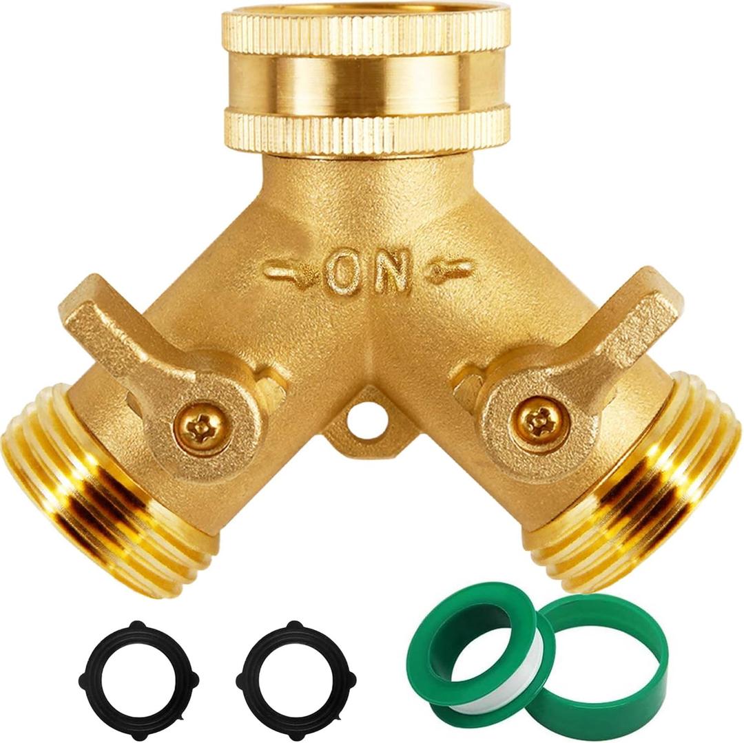 Triumpeek Brass Garden Hose Splitter, 3/4 Inch 2-Way Y Brass Hose Connector with O-ring Washers & Tape (1 Pack)