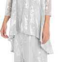 Elegant 2-Piece Foil Print Knee-Length Dress W/Flowing Mesh Jacket - Shimmering Lace Floral Outfit for Special Occasions. (Silver, 6)