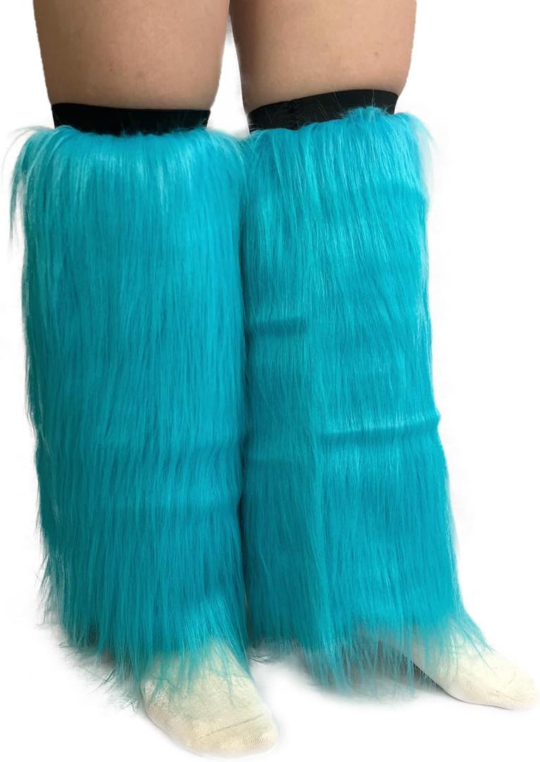 FHQHTH Fuzzy Faux Fur Leg Warmers Fur Heels Long Boots Cuff Cover has Elasticity One Pair Dionysia Boot cover Carnival 18" (Aqua Blue)
