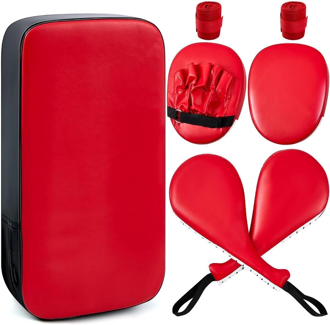 Poen 7 in 1 Taekwondo Kick Pad Boxing Training Equipment Punching Mitts Martial Arts Wrist Band Adjustable Soft Pads Set for Karate Muay Thai MMA Training (Red)