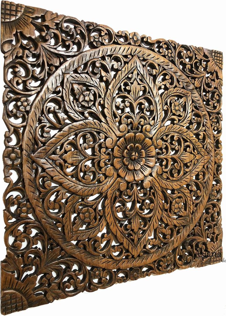 Floral Wood Carved Wall Art Panel. Decorative Bali Asian Home Decor Headboard (24"x24", Brown)
