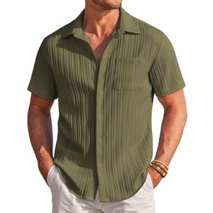 COOFANDY Mens Casual Shirts Short Sleeve Button Down Shirts Fashion Textured Summer Beach Shirt (XL, Army Green)