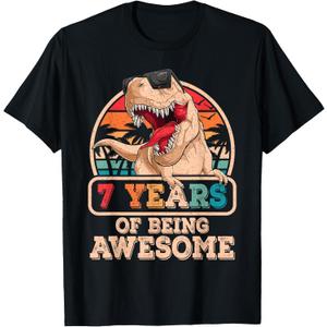 7 Years Awesome T Rex Dinosaur 7th Birthday Dino Boys Kids T-Shirt (Black, S)