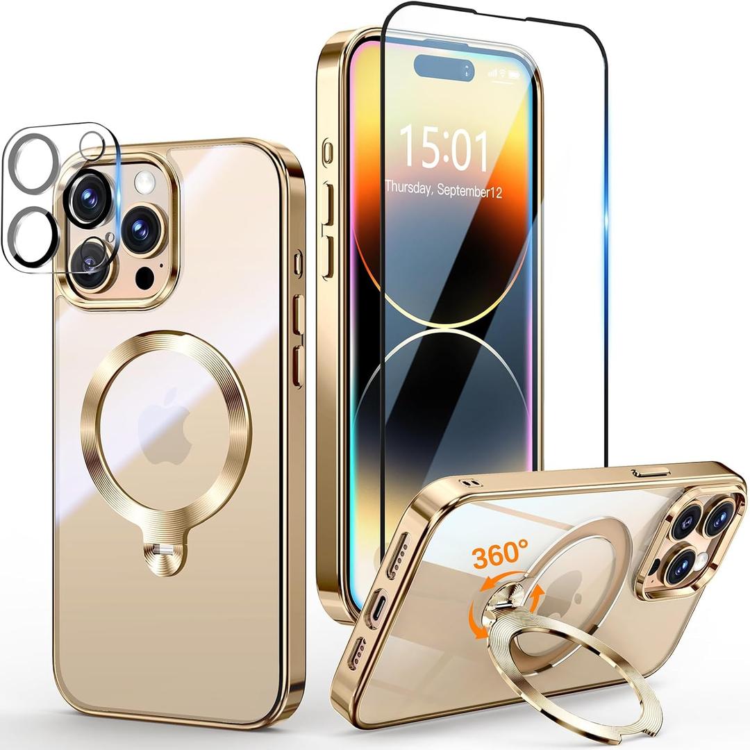 [Tri-Shield Protection] for iPhone 14 Pro Max Case with 360 Spin Stand Compatible with MagSafe [Magnetic CD Ring] [Screen & Camera Lens Protector] Shockproof Plating Never-Yellowing, Gold-6.7"