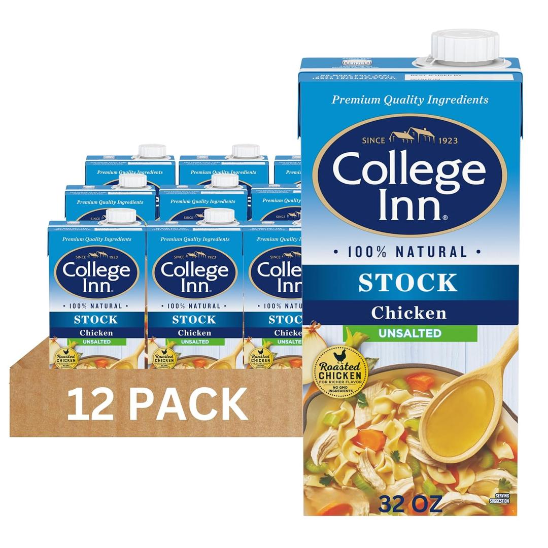 COLLEGE INN Unsalted Chicken Stock, 12 Pack, 32 oz Carton, Best By 04/01/2026