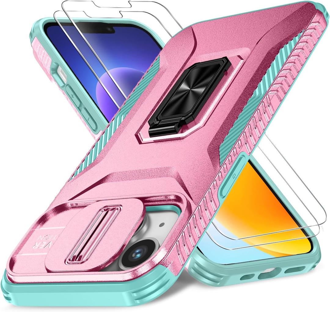 Case for iPhone 13/iPhone 14 6.1-Inch Slide Camera Cover+Screen Protector(2 Packs), Military Grade Shockproof Protective Cover, Rotated Ring Kickstand with Camera Protection (Pink+Celadon)