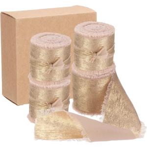 MECCANIXITY 4 Pcs Chiffon Ribbon, 1"x5 Yard Silk Ribbon, Champagne Gold Glitter Fabric Ribbon Handmade Fringe Frayed Ribbon for Flower Bouquet Gift Wrapping DIY Crafts Wedding