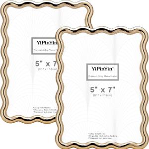 YiPinYin 5x7‘’ Gold Picture Frames Set of 2,High-End Heavy Duty Zinc Alloy Photo Frames with Wave Design,Velvet Backing,Dual Use for Desktop Display & Wall Hanging,Fashionable Decor Frames