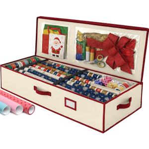 Christmas Wrapping Paper Organizer Storage, with Straps & Pockets, Gift Wrap Organizer Bag for Christmas Decorations, Fits Upto 24 Rolls, Underbed Storage for Holiday Decoration, (Ivory)