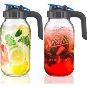 2 Pack Glass Pitchers with Lid, 64 oz Sun Tea Pitcher, Half Gallon Mason Jar Pitcher with Wide Mouth Airtight Lid for Ice Tea, Cold Brew Coffee, Fridge Water, Milk, Juices, Leak Proof Water Jug