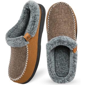 ATHMILE Men's Slippers Slip On Moccasin, Indoor Outdoor Warm Fuzzy Comfy House Shoes, Fluffy Wide Loafer Home Bedroom Slippers (9-10, Brown Black Wool)