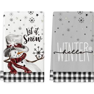 Artoid Mode Buffalo Plaid Snowman Let It Snow Winter Kitchen Towels Dish Towels, 18x26 Inch Daily Seasonal Christmas Decoration Hand Towels Set of 2 (Black/Beige)