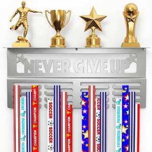 AGATHOS HOME Medal Hanger Display with Trophy Shelf - Metal Awards Rack for Walls Holds 64+ Sports Medals- Our Never Give Up 16" Medal Holder Awards Trophy Display