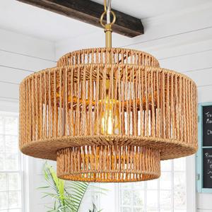 12.5" Rattan Chandelier 1-Light Woven Rattan Pendant Light Boho Wicker Pendant Lighting Fixture Farmhouse Chandelier Light Fixture 3-Tier Drum Wicker Golden Chandeliers for Dining Room (Brown-Gold Finsh)