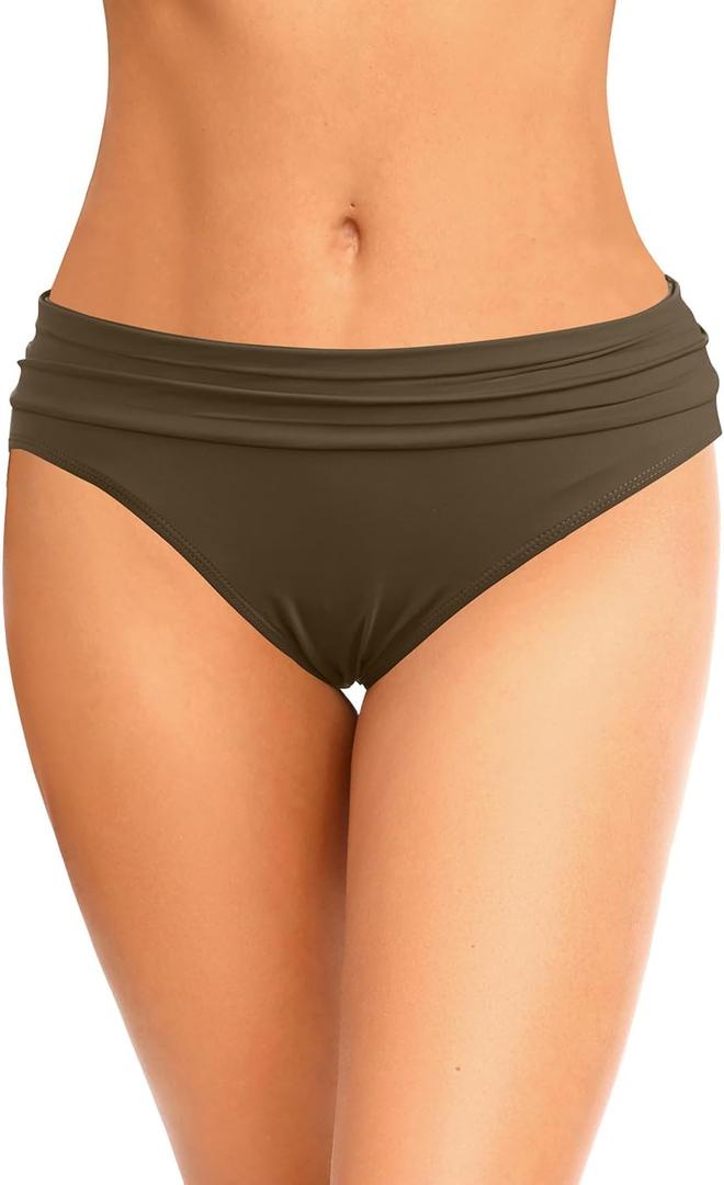 Zmart Women Full Coverage Ruched Bikini Bottoms Tummy Control Swim Bottoms Scrunch Ruffle Bathing Suit Bottom (Brown, M)