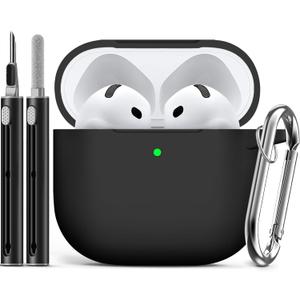 Ljusmicker for AirPods 4 Case 2024 with Cleaner Kit,Soft Silicone Protective Cover for Apple AirPods 4th Generation Cases for Women Men,AirPod 4 Case Accessories with Keychain-Black