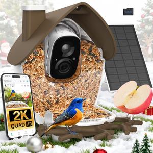 birdsnap P33 - Smart Bird Feeder with Camera Solar Powered, 2K Video Bird Camera Feeder Live with 32GB Card, AI Identify Feather Species, Auto Record in Backyard, Ideal Gift for Birds Lover (Brown)