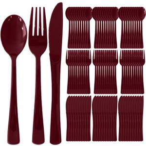 300 Pack Disposable Plastic Silverware, Heavy Duty Burgundy Plastic Cutlery Set Includes 100 Forks 100 Knives 100 Spoons for Birthday Wedding Party Picnics (300, Burgundy)