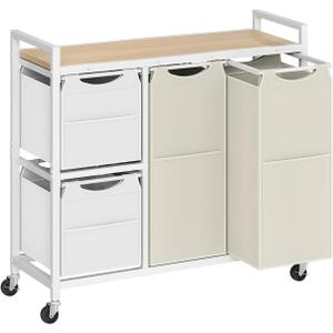 HOOBRO Laundry Sorter with 4 Section, 34 Gal. (127 L) Laundry Hamper with Wheels, Rolling Laundry Basket with Shelves, Pull-Out Detachable Bags, Side Pockets, White, Natural and Beige WNE14XY01N1