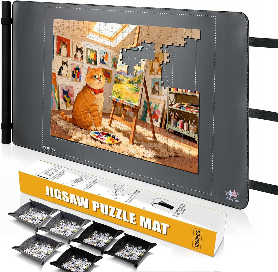 Puzzle Roll Up Mat, All-in-One Jigsaw Puzzle Mat with 6 Sorting Trays – 39.4” x 23.6” Non-Slip Rubber Back & Smooth Surface, Portable Puzzle Mat for 1000 Pieces, Puzzle Accessories Gift for Adults, 1000pcs